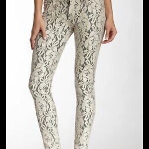 7 For All Mankind Black and Cream Metallic Lace Denim Skinny Jeans Sz 24x28
